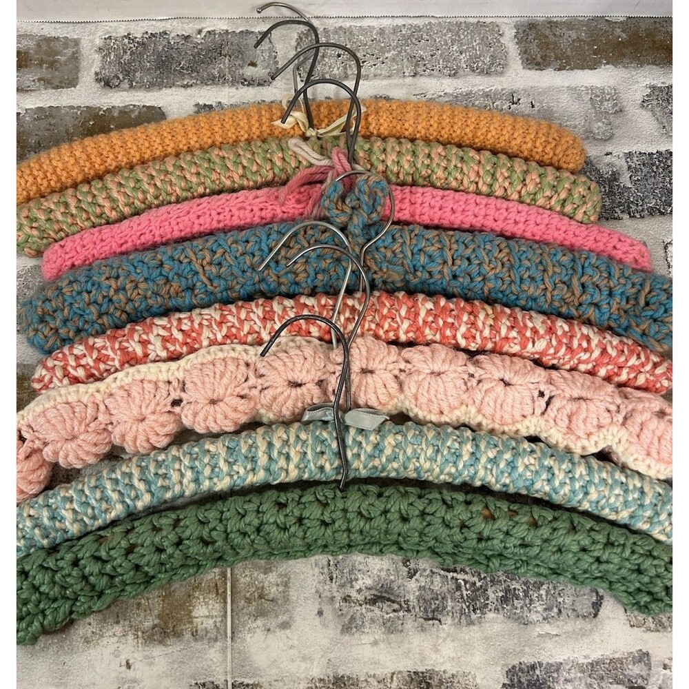 Vintage Knit Crochet Covered Clothes Hangers Multi Colors Lot of 9 Cottagecore
